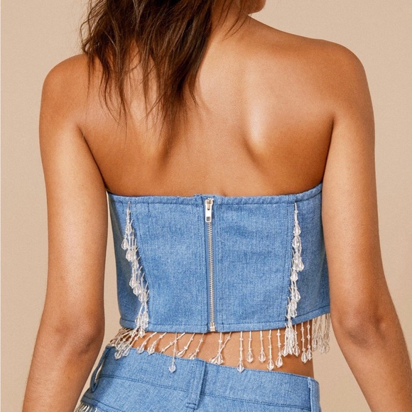 Premium Chandelier Embellished Denim Bustier Top - Picture 4 of 7